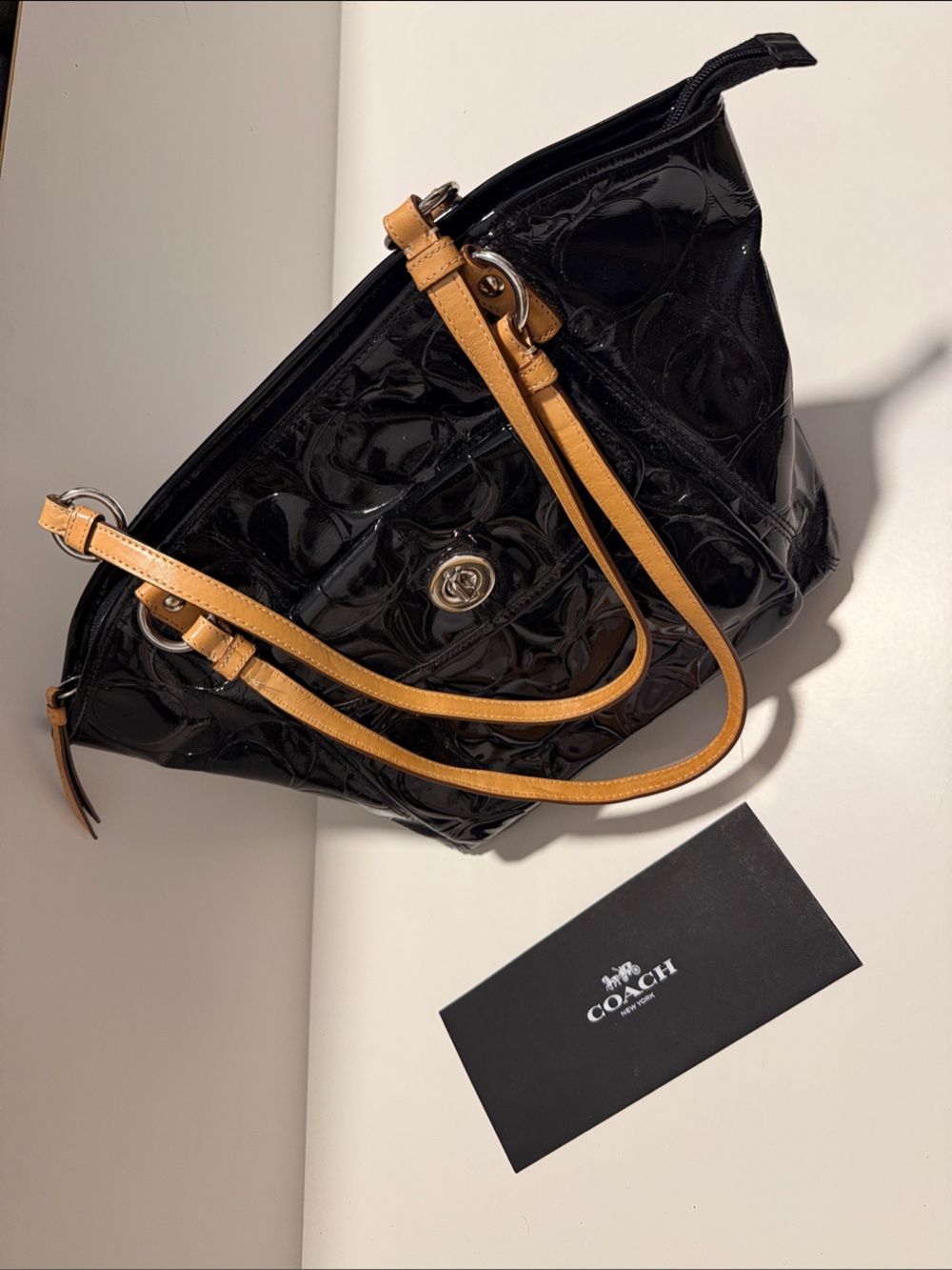 Coach Black Patent Shoulder Bag with Tan Leather Straps